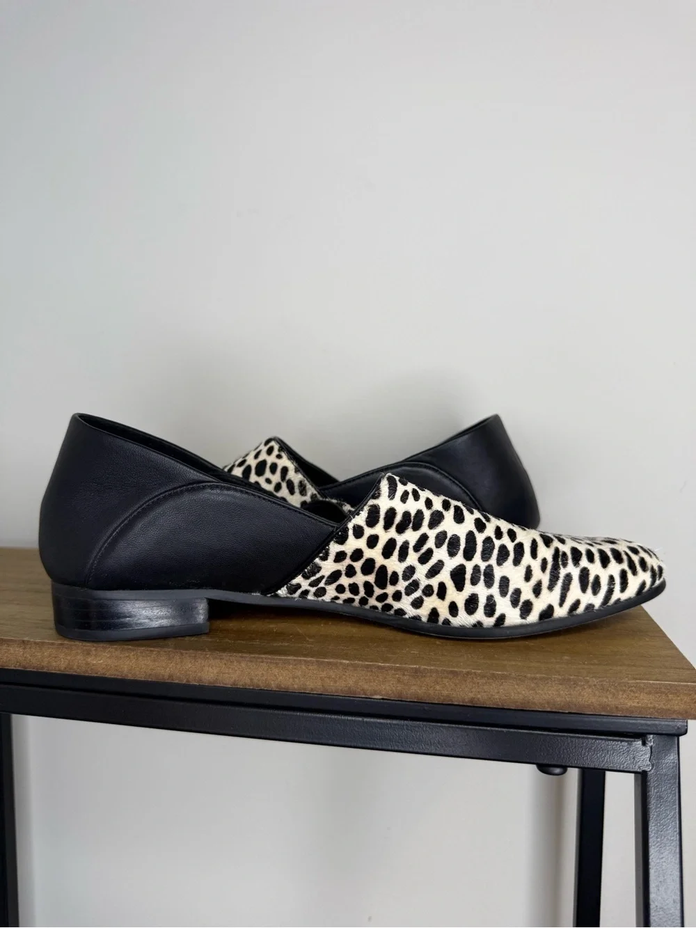 Clarks Pure Tone shoes in a black and white snow leopard print